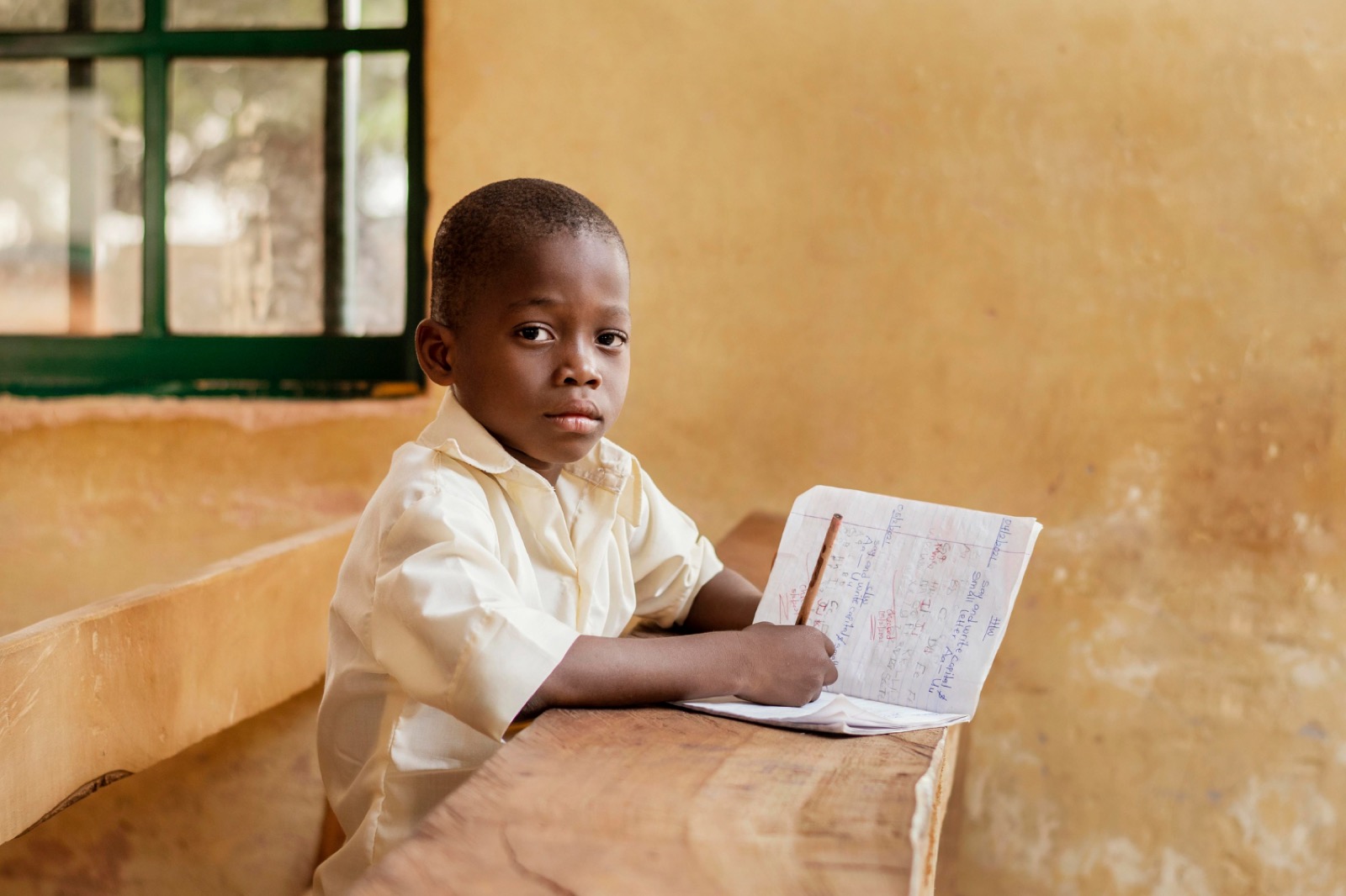 A pupil at their desk by a green-framed window